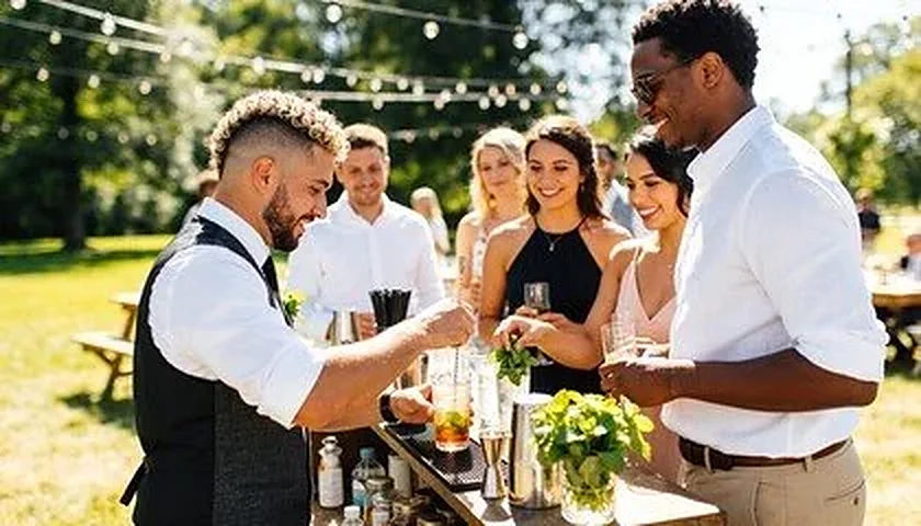Bartender serving guests at an outdoor event