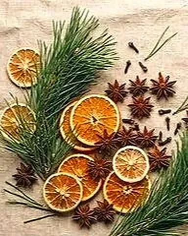 Dried orange slices, star anise and pine