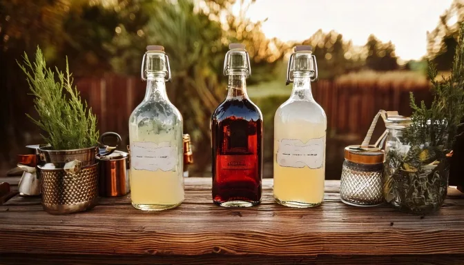 Dirty soda bar with bottles of syrups and juniper sprigs