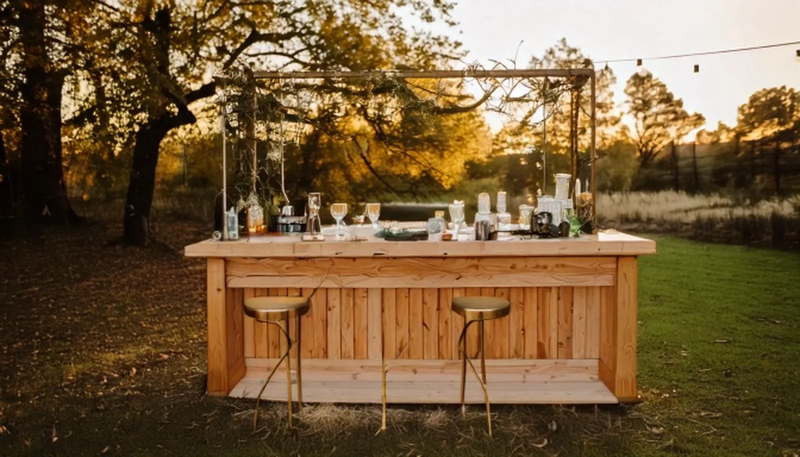 A modular wood and brass mobile bar set up under oak trees at a Texas Hill Country wedding at golden hour